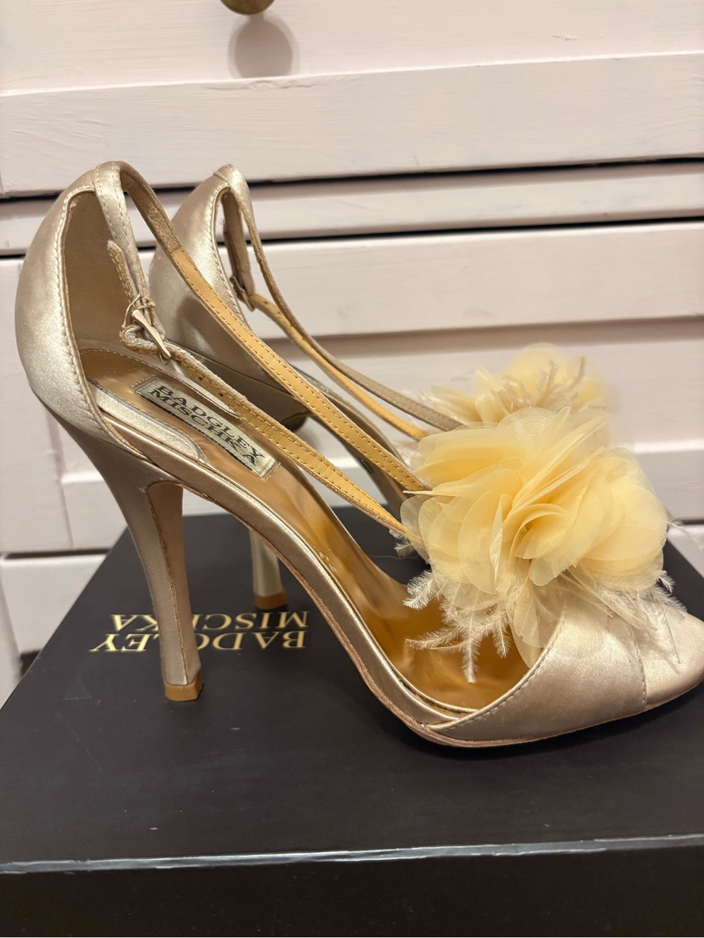 Badgley Mischka Champagne Satin Peep-Toe Heels with Floral Pom
